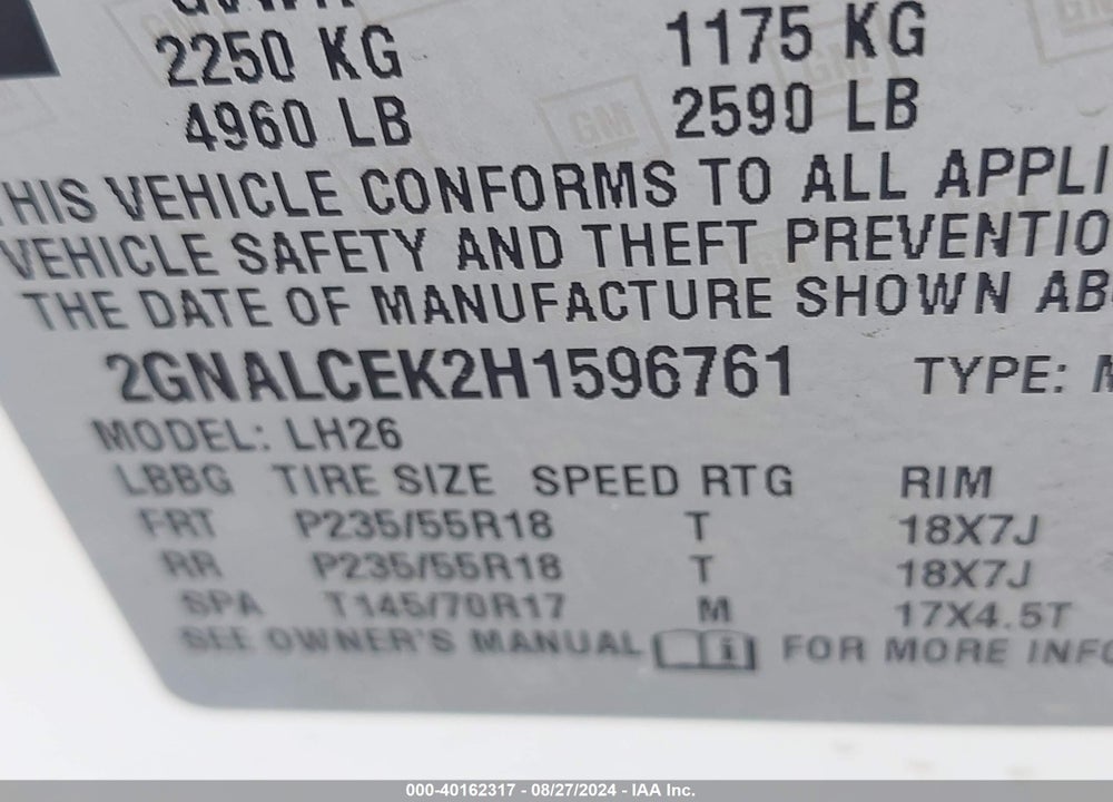 2017 CHEVROLET EQUINOX LT VIN: 2GNALCEK2H1596761
