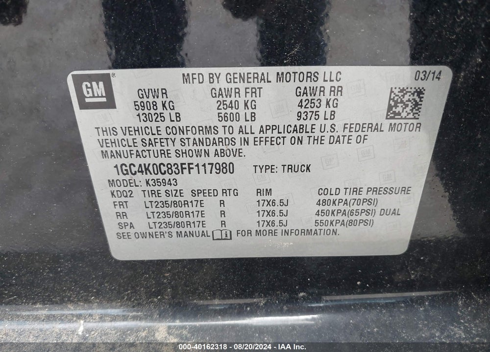 2015 CHEVROLET SILVERADO 3500HD LTZ VIN: 1GC4K0C83FF117980