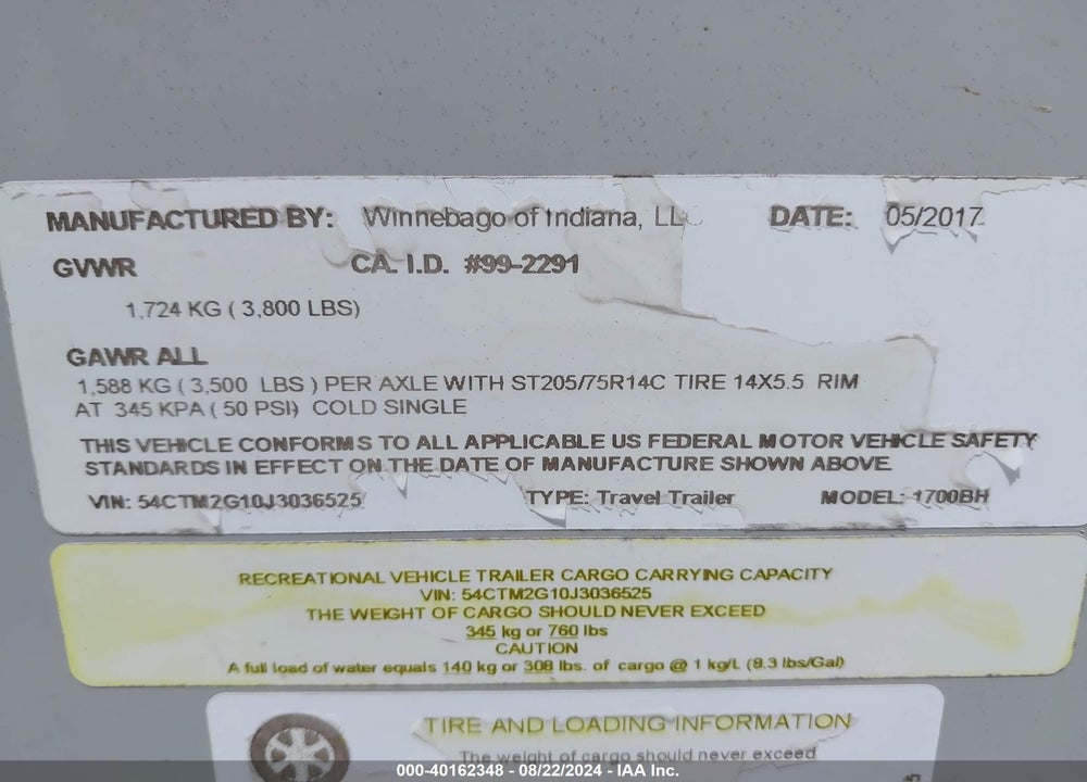 2018 WINNEBAGO MICRO 1700BH VIN: 54CTM2G10J3036525