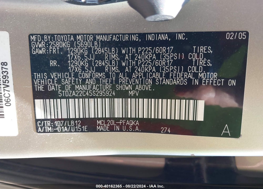 2005 TOYOTA SIENNA XLE VIN: 5TDZA22C45S295924