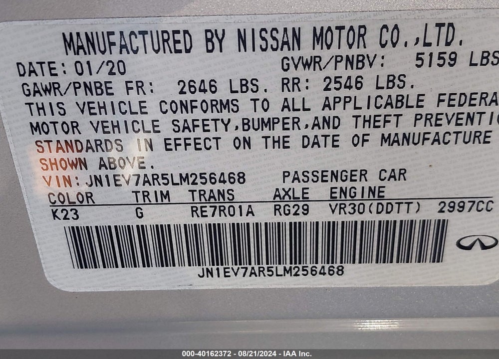 2020 INFINITI Q50 LUXE AWD VIN: JN1EV7AR5LM256468