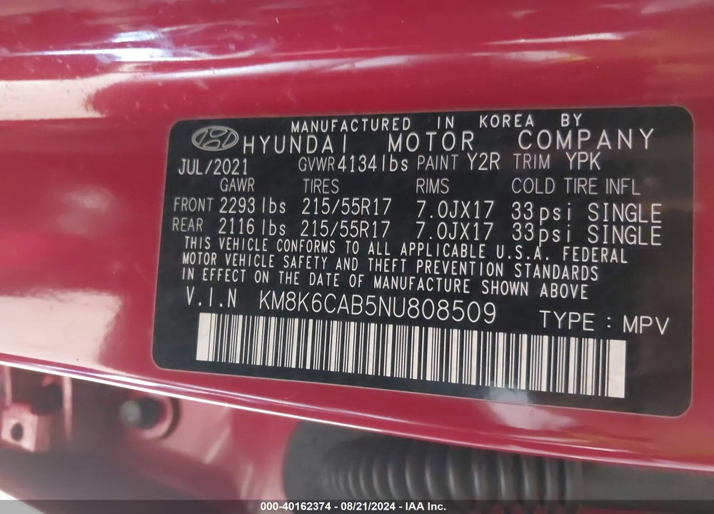 2022 HYUNDAI KONA SEL VIN: KM8K6CAB5NU808509