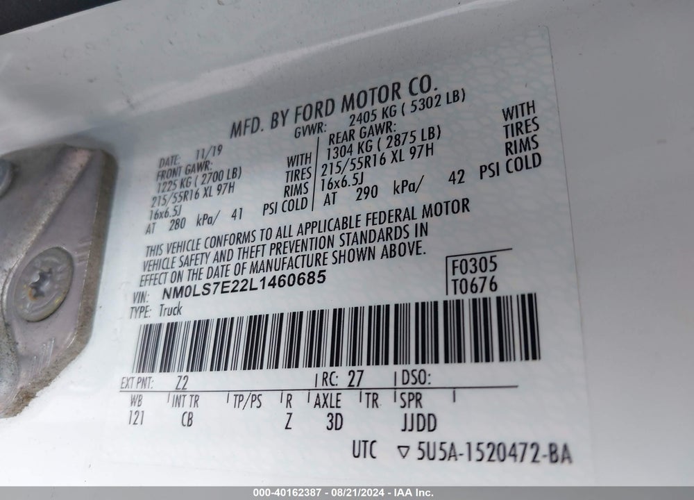 2020 FORD TRANSIT CONNECT XL VIN: NM0LS7E22L1460685
