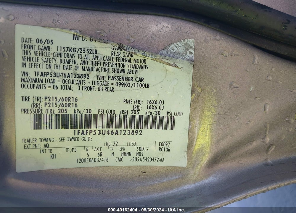 2006 FORD TAURUS SE VIN: 1FAFP53U46A123892