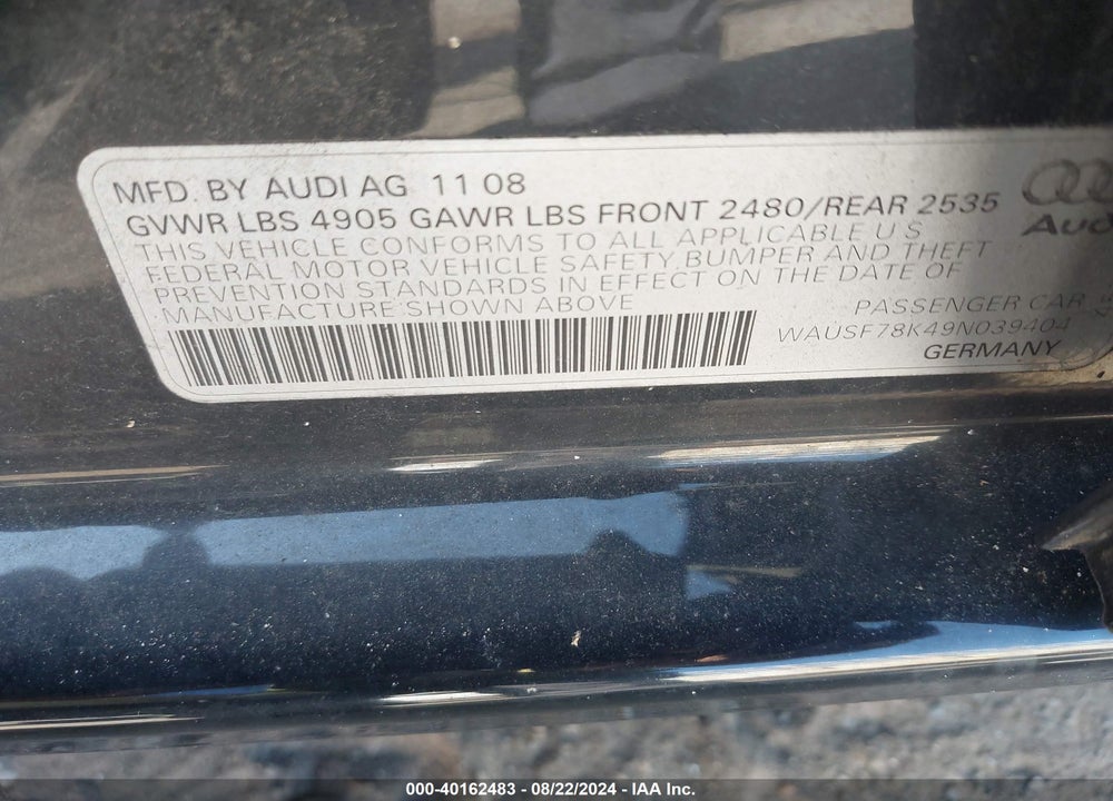 2009 AUDI A4 2.0T PREMIUM VIN: WAUSF78K49N039404