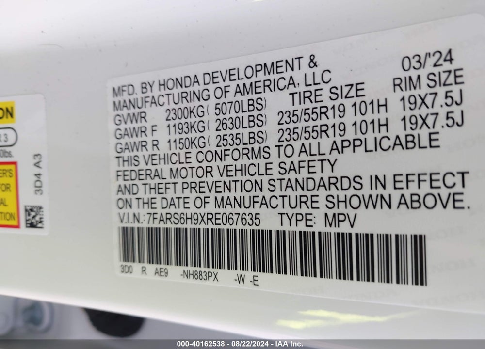 2024 HONDA CR-V HYBRID SPORT TOURING VIN: 7FARS6H9XRE067635