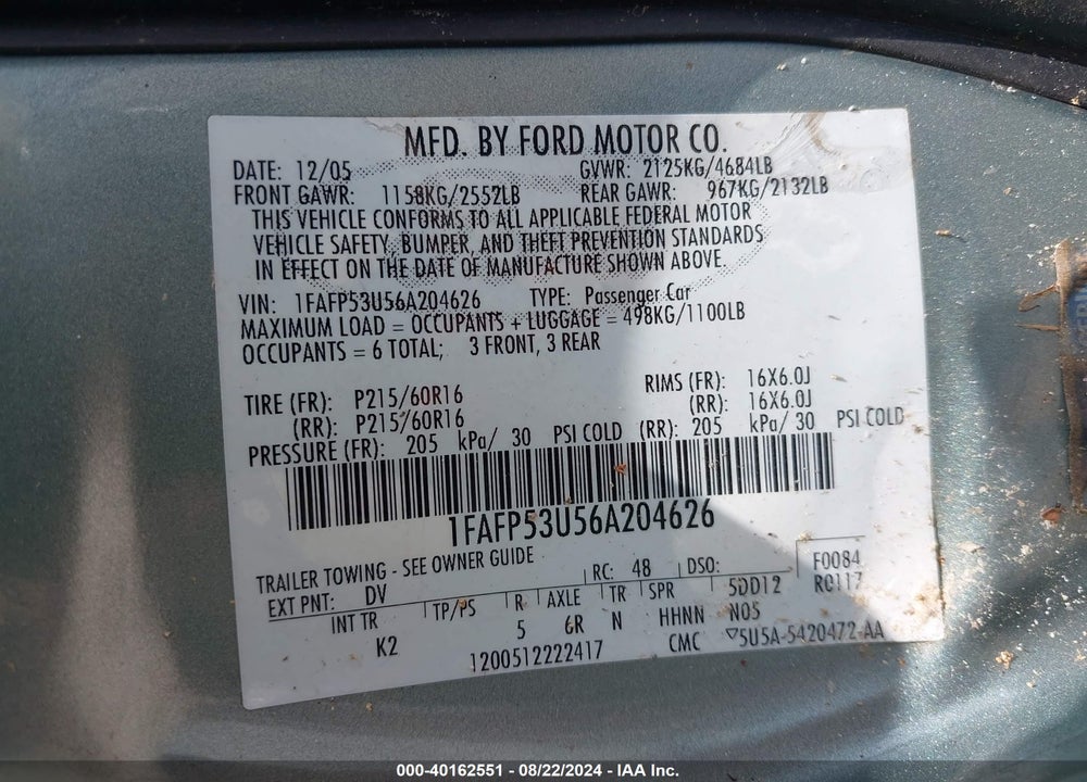 2006 FORD TAURUS SE VIN: 1FAFP53U56A204626