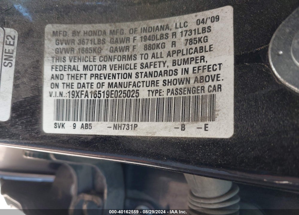 2009 HONDA CIVIC LX VIN: 19XFA16519E025025