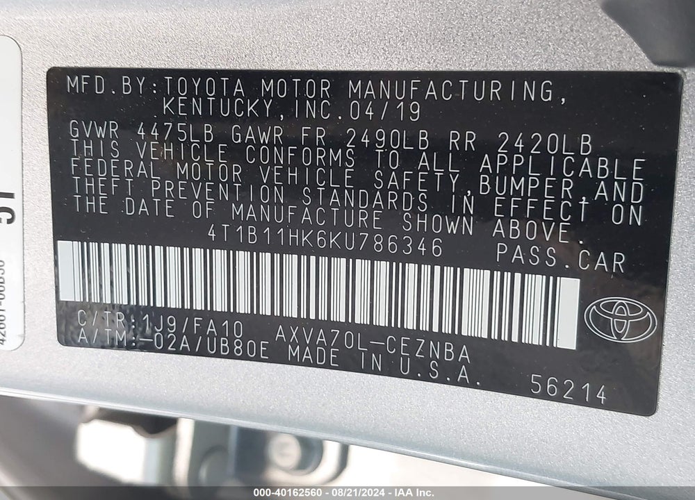 2019 TOYOTA CAMRY LE VIN: 4T1B11HK6KU786346