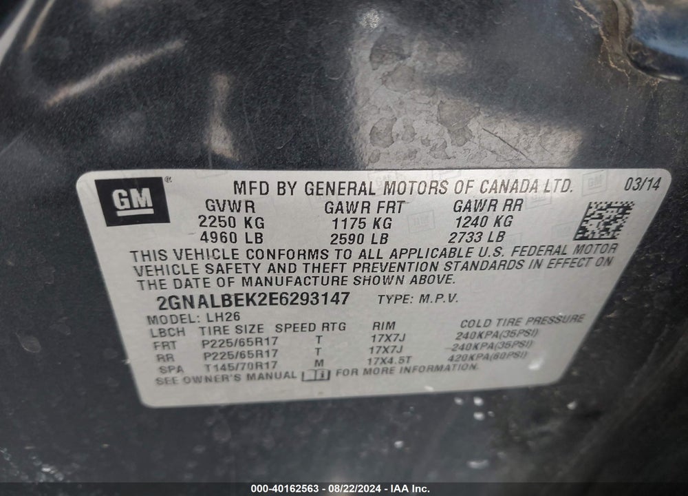 2014 CHEVROLET EQUINOX 1LT VIN: 2GNALBEK2E6293147