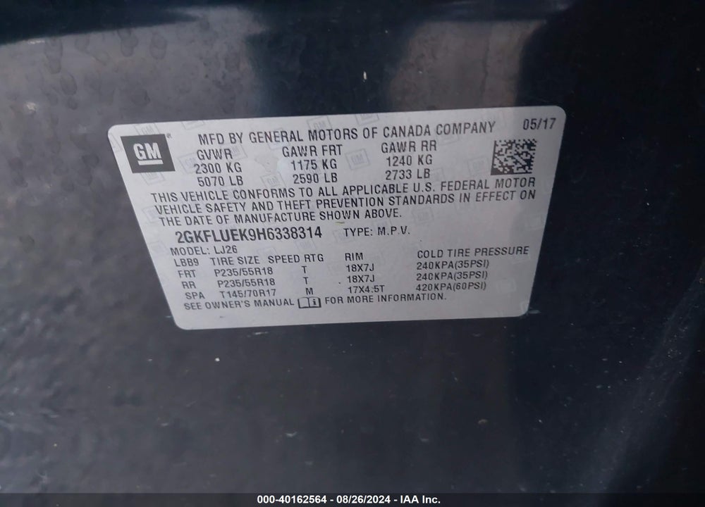 2017 GMC TERRAIN SLT VIN: 2GKFLUEK9H6338314
