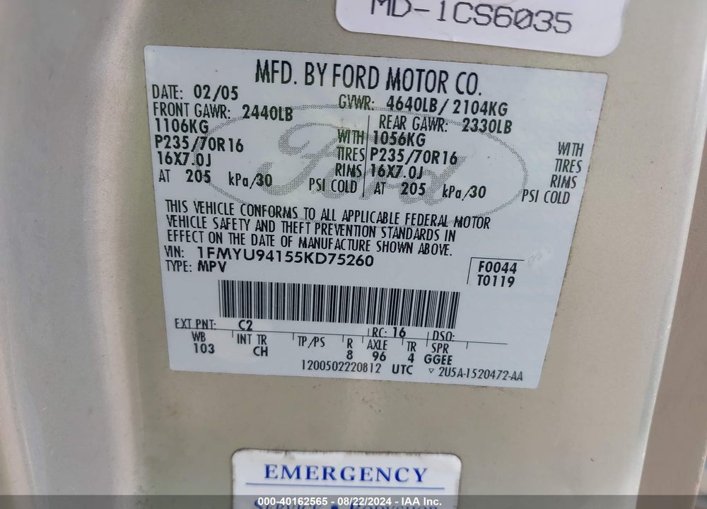 2005 FORD ESCAPE LIMITED VIN: 1FMYU94155KD75260