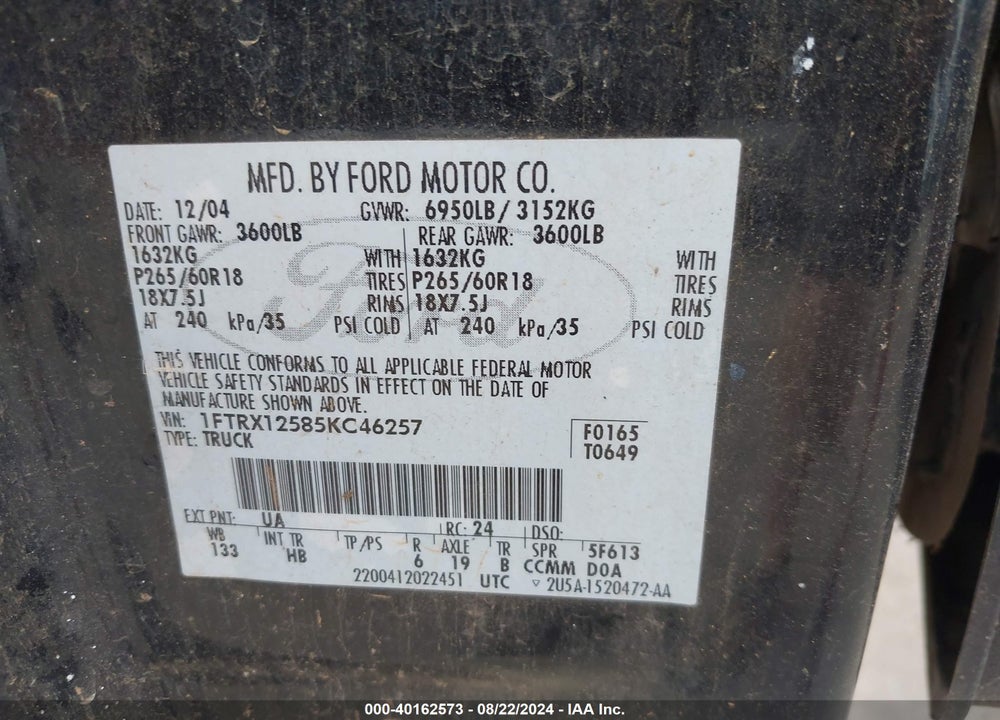 2005 FORD F-150 LARIAT/XL/XLT VIN: 1FTRX12585KC46257