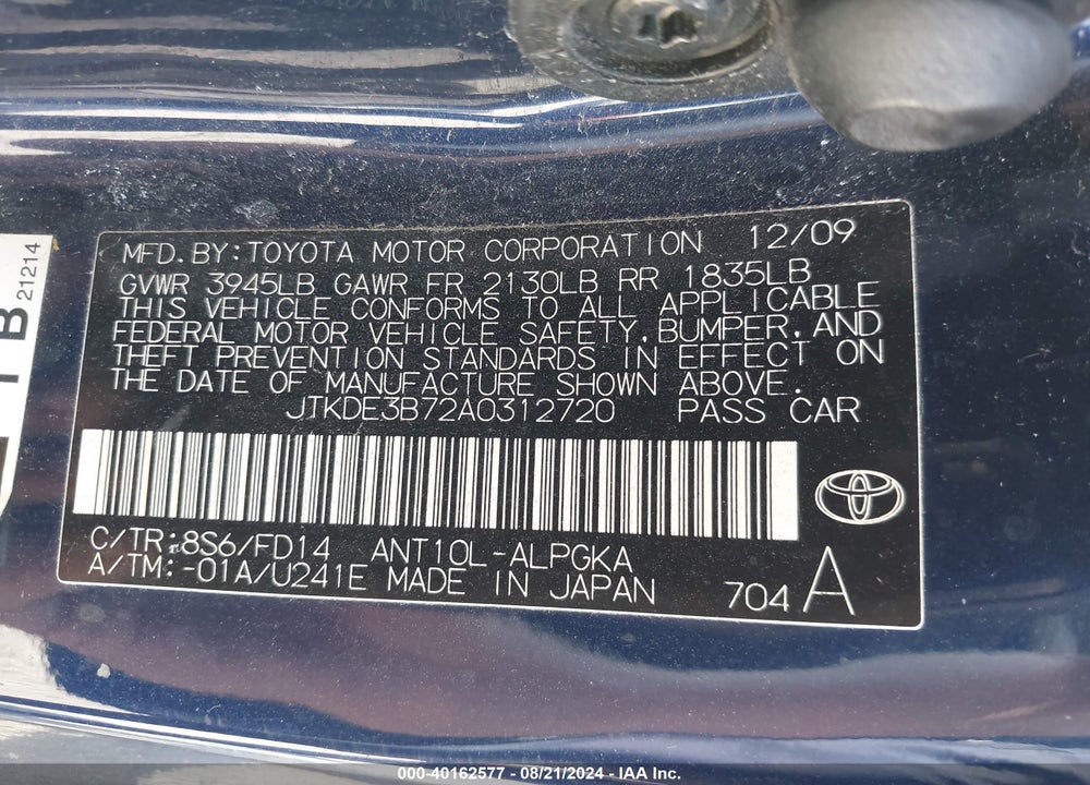 2010 SCION TC VIN: JTKDE3B72A0312720