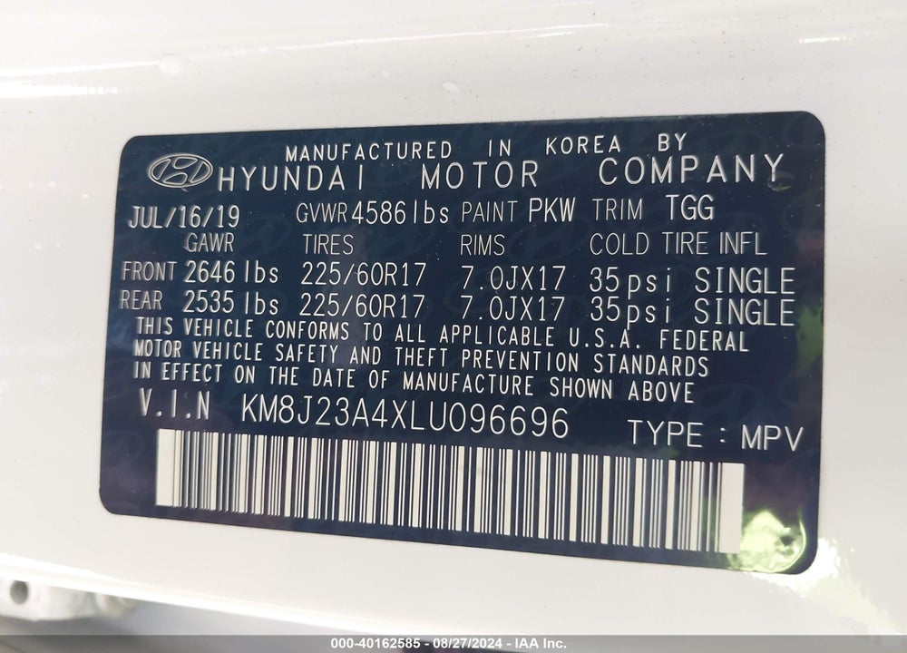 2020 HYUNDAI TUCSON SE VIN: KM8J23A4XLU096696