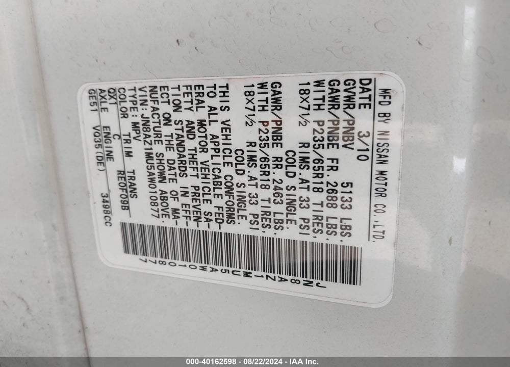 2010 NISSAN MURANO SL VIN: JN8AZ1MU5AW010877