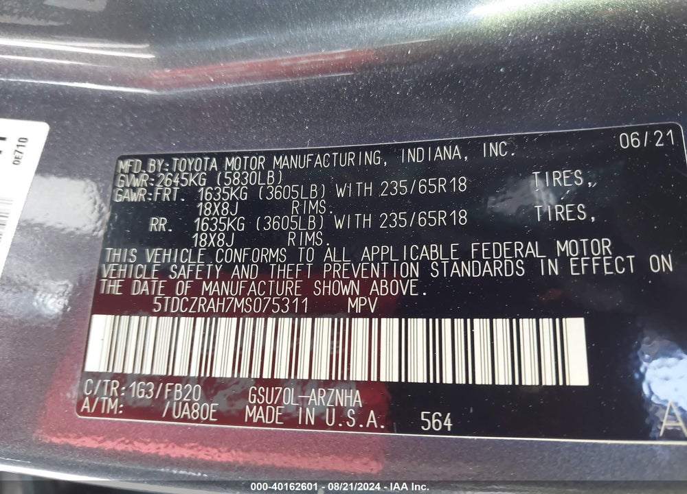 2021 TOYOTA HIGHLANDER L VIN: 5TDCZRAH7MS075311