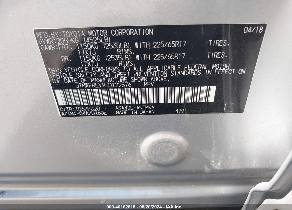 2018 TOYOTA RAV4 XLE VIN: JTMWFREV9JD122576