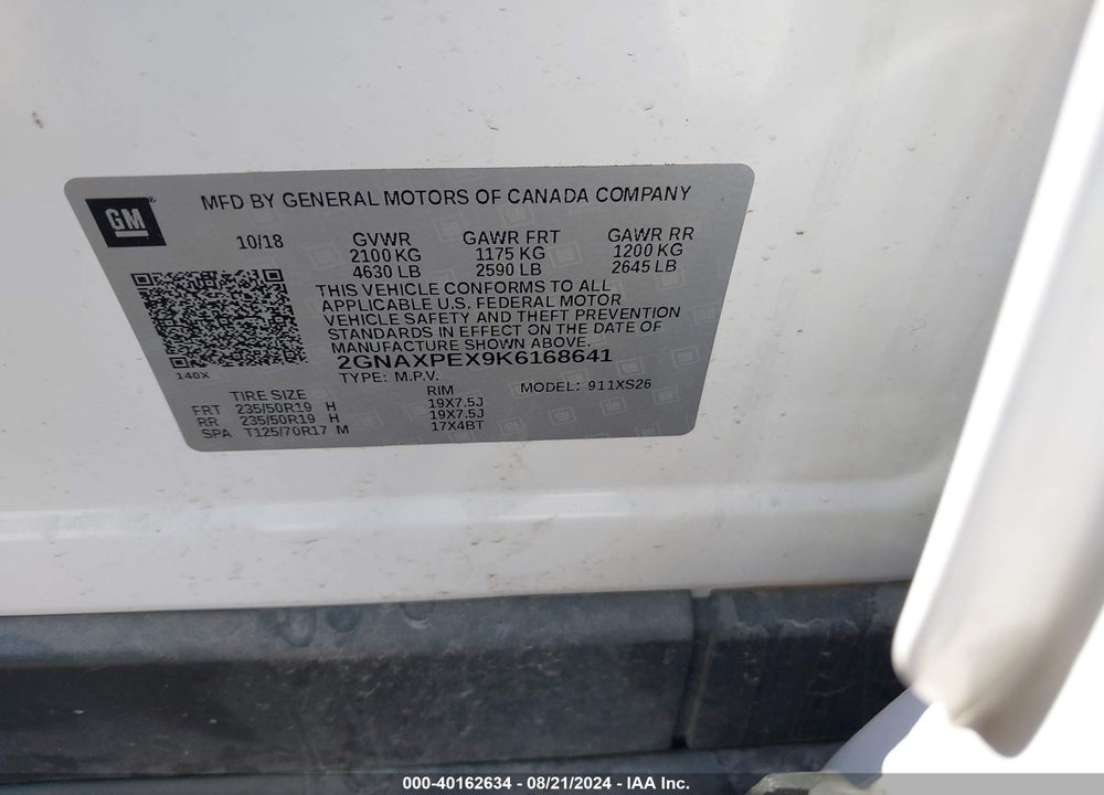 2019 CHEVROLET EQUINOX PREMIER VIN: 2GNAXPEX9K6168641