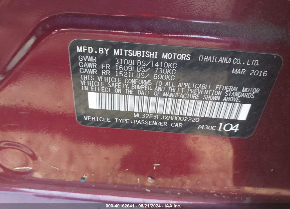 2017 MITSUBISHI MIRAGE G4 ES VIN: ML32F3FJXHH002220