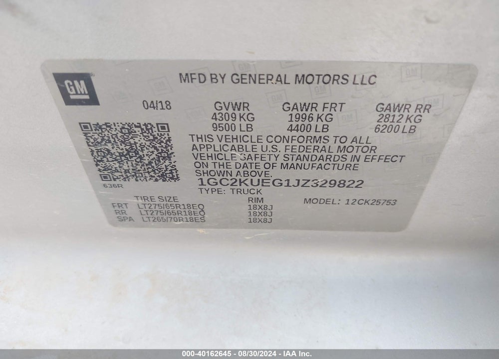 2018 CHEVROLET SILVERADO 2500HD VIN: 1GC2KUEG1JZ329822