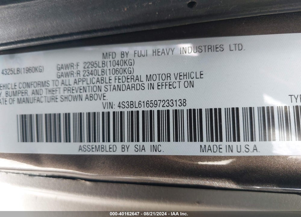 2009 SUBARU LEGACY 2.5I VIN: 4S3BL616597233138