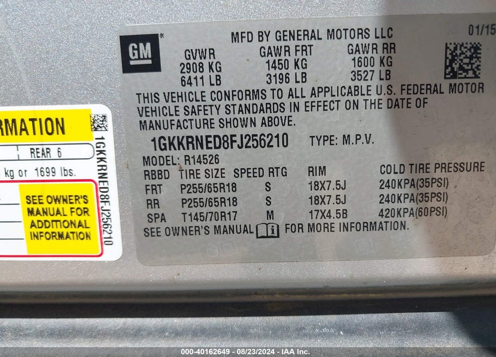 2015 GMC ACADIA SLE-1 VIN: 1GKKRNED8FJ256210
