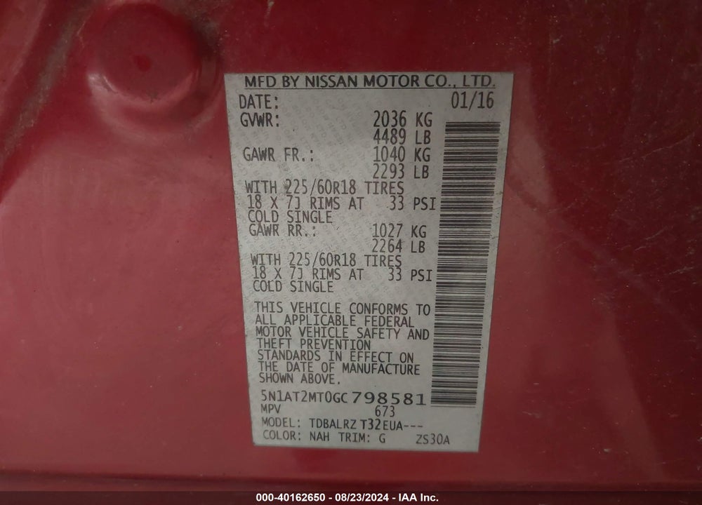 2016 NISSAN ROGUE SL VIN: 5N1AT2MT0GC798581