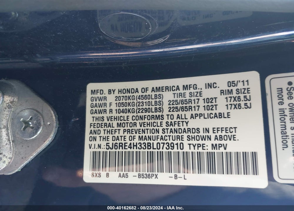 2011 HONDA CR-V LX VIN: 5J6RE4H33BL073910