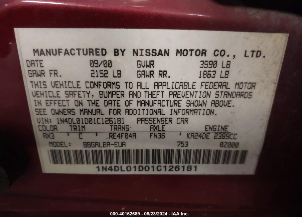 2001 NISSAN ALTIMA GXE VIN: 1N4DL01D01C126181