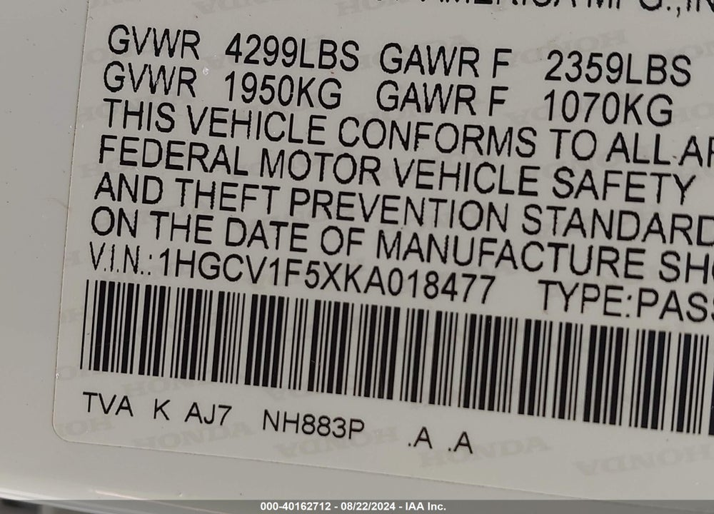 2019 HONDA ACCORD EX-L VIN: 1HGCV1F5XKA018477