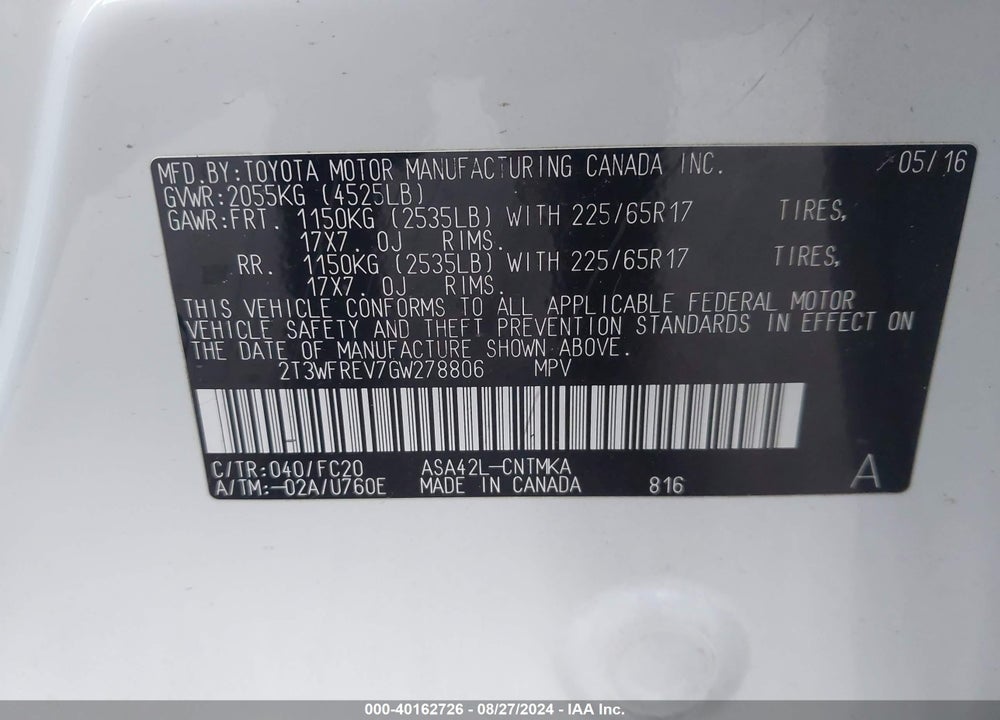 2016 TOYOTA RAV4 XLE VIN: 2T3WFREV7GW278806