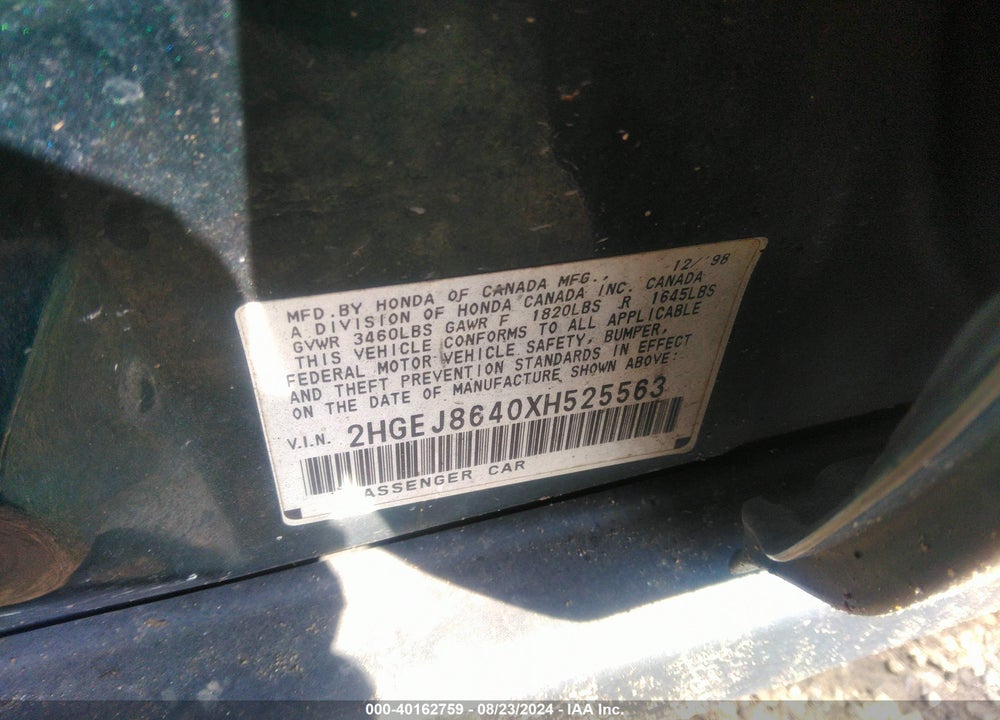 1999 HONDA CIVIC EX VIN: 2HGEJ8640XH525563