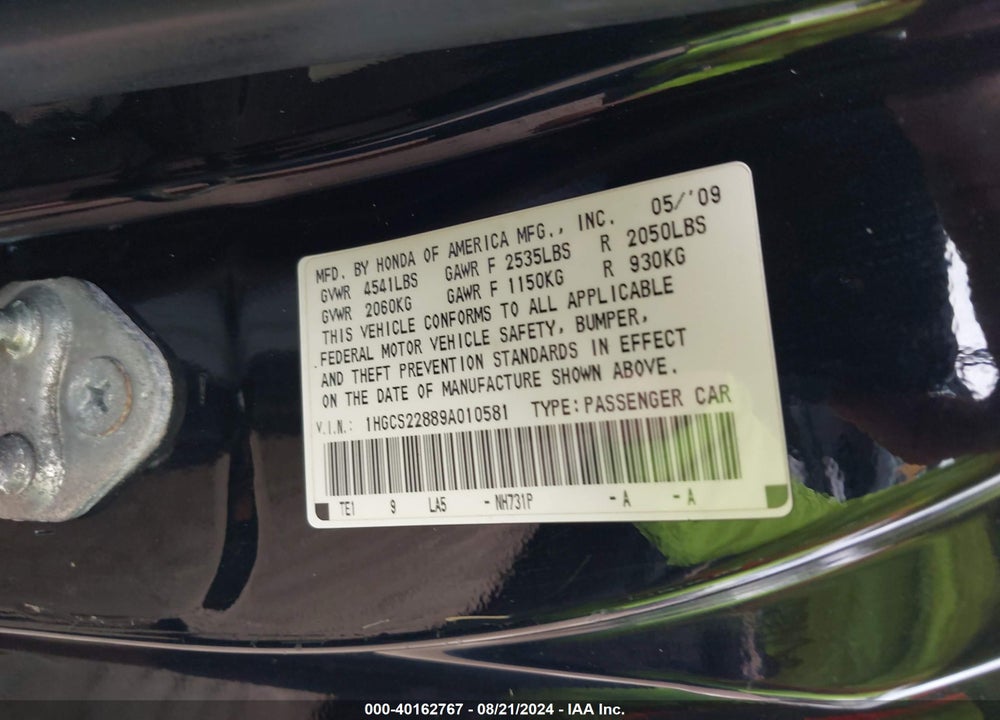 2009 HONDA ACCORD 3.5 EX-L VIN: 1HGCS22889A010581