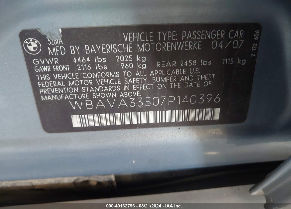 2007 BMW 328I VIN: WBAVA33507P140396