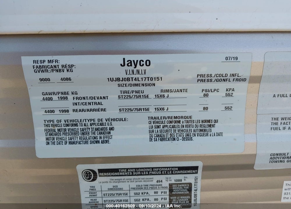 2020 JAYCO OTHER VIN: 1UJBJ0BT4L17T0151
