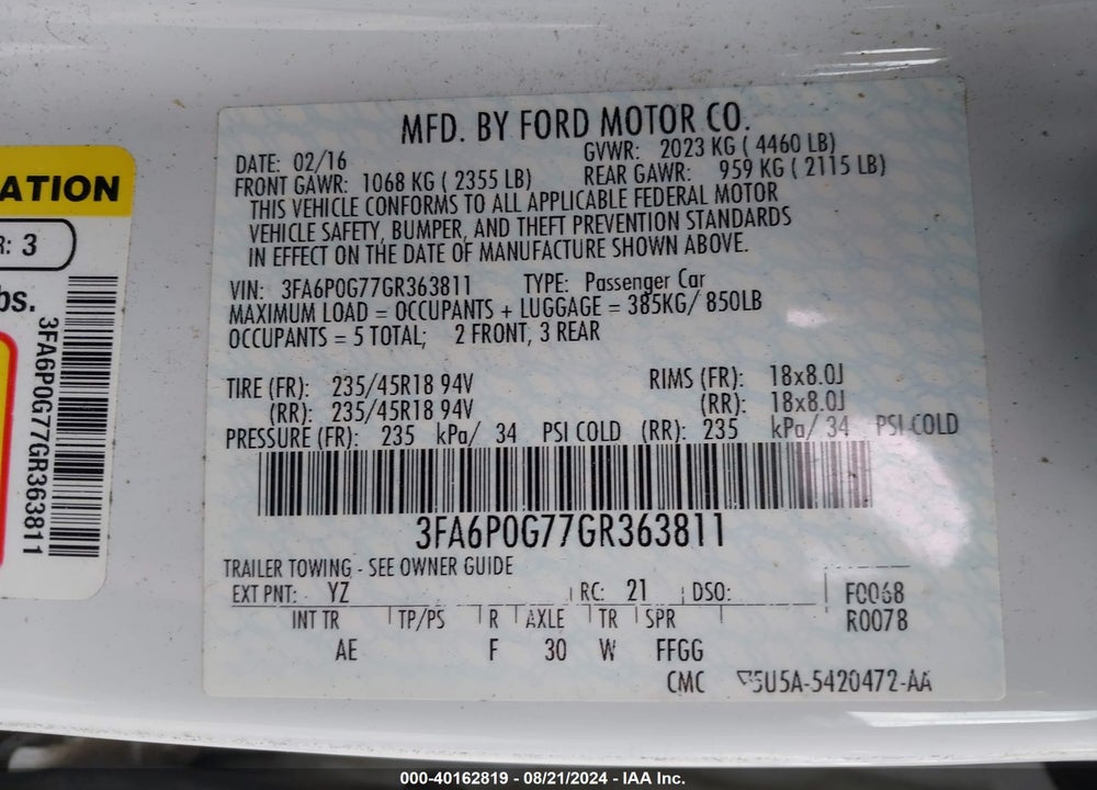 2016 FORD FUSION S VIN: 3FA6P0G77GR363811