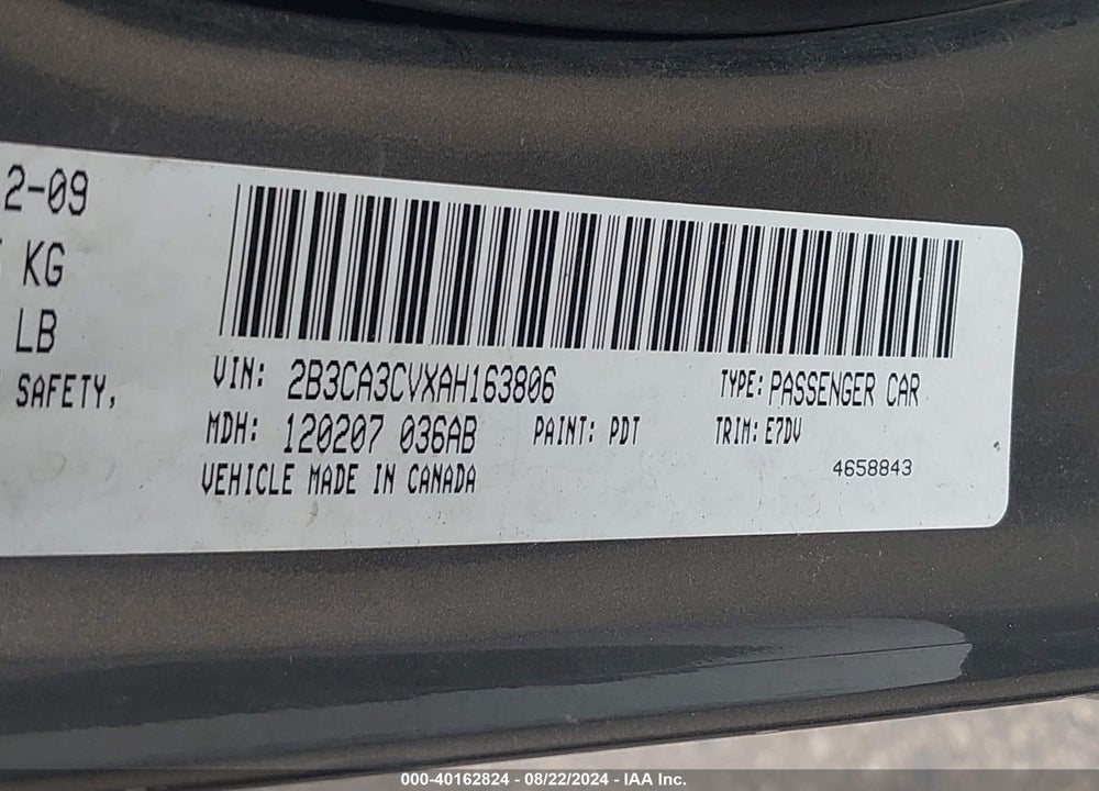2010 DODGE CHARGER SXT VIN: 2B3CA3CVXAH163806