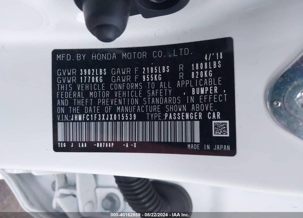 2018 HONDA CIVIC EX-T VIN: JHMFC1F3XJX015539