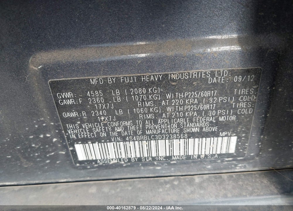 2013 SUBARU OUTBACK 2.5I LIMITED VIN: 4S4BRBLC3D3238568
