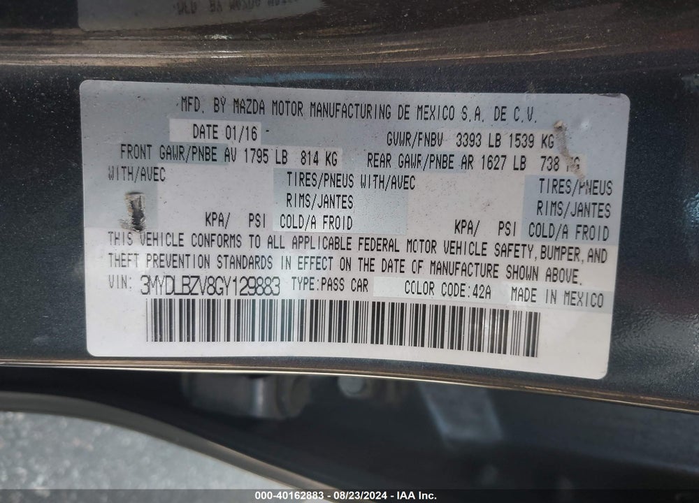 2016 SCION IA VIN: 3MYDLBZV8GY129883