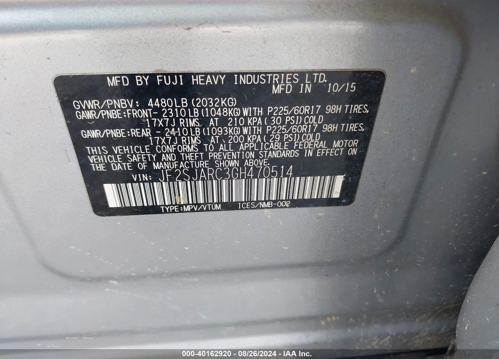 2016 SUBARU FORESTER VIN: JF2SJARC3GH470514