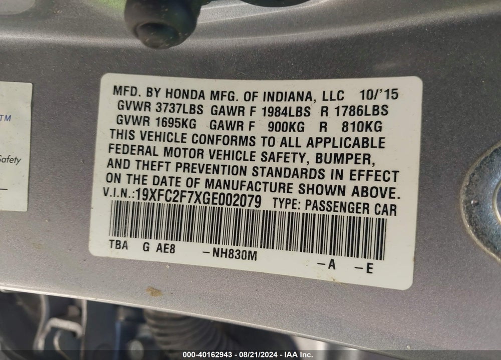 2016 HONDA CIVIC EX VIN: 19XFC2F7XGE002079