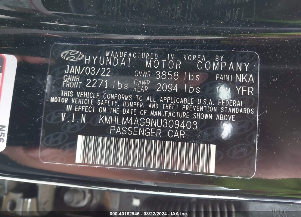 2022 HYUNDAI ELANTRA SEL VIN: KMHLM4AG9NU309403