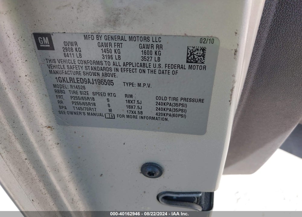 2010 GMC ACADIA SLE VIN: 1GKLRLED9AJ196505