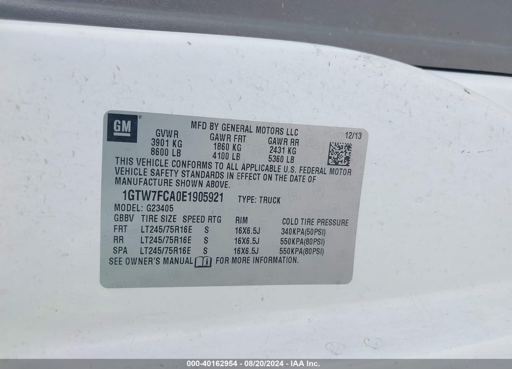 2014 GMC SAVANA 2500 WORK VAN VIN: 1GTW7FCA0E1905921