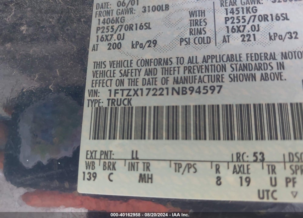 2001 FORD F-150 XL/XLT VIN: 1FTZX17221NB94597