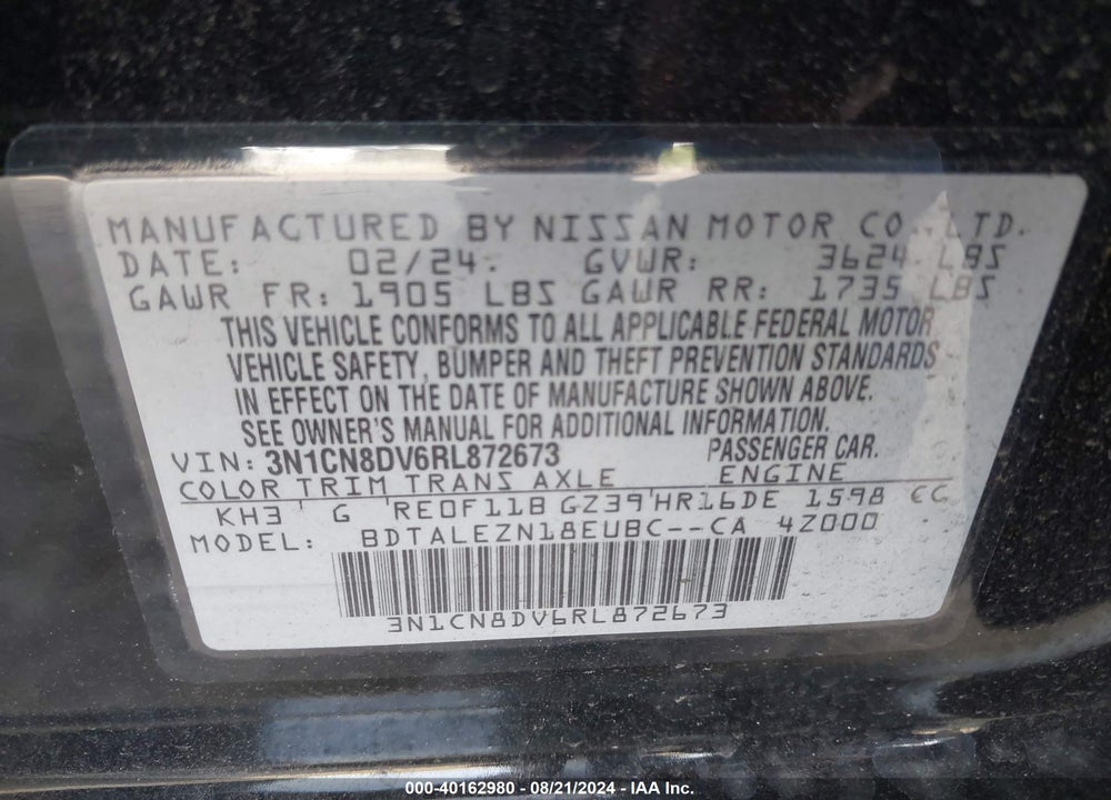 2024 NISSAN VERSA 1.6 S+ VIN: 3N1CN8DV6RL872673