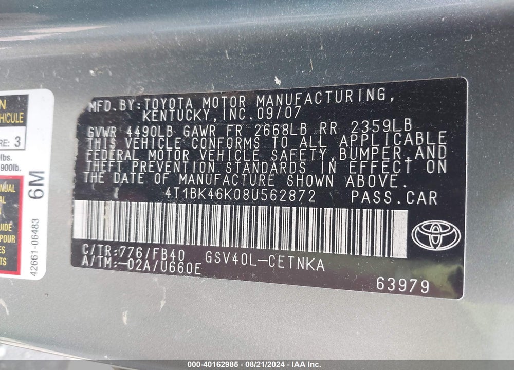 2008 TOYOTA CAMRY LE V6 VIN: 4T1BK46K08U562872