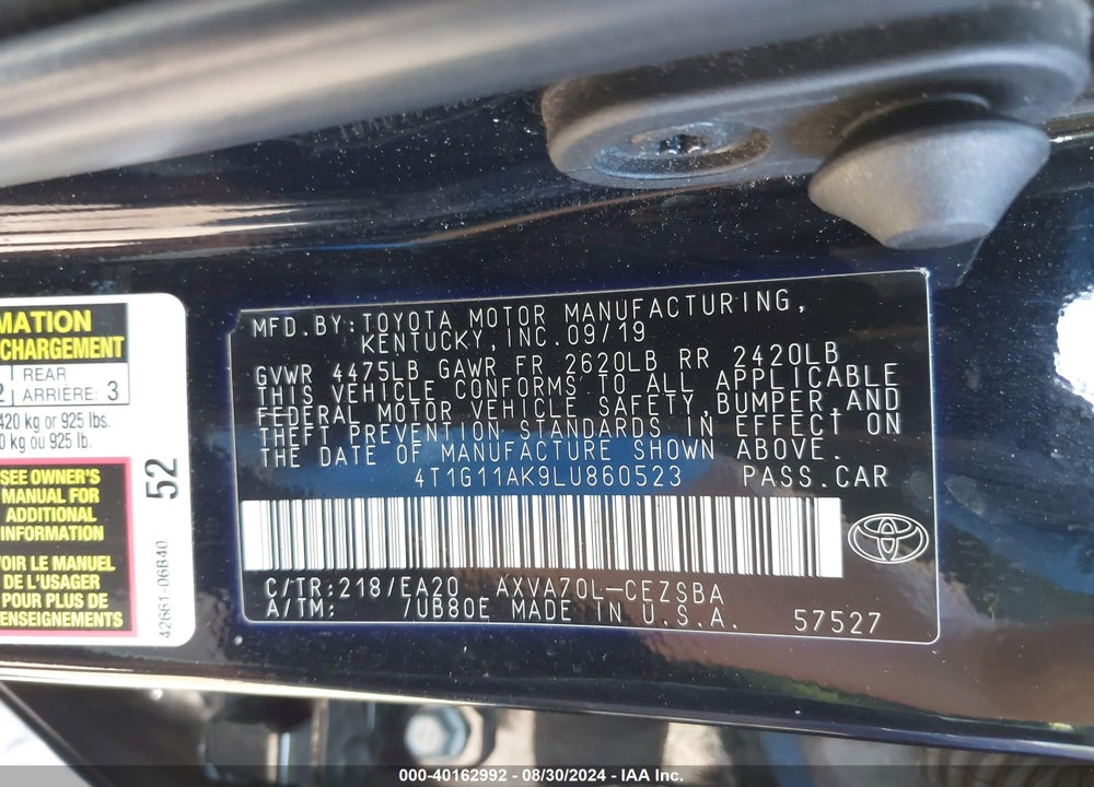 2020 TOYOTA CAMRY SE VIN: 4T1G11AK9LU860523